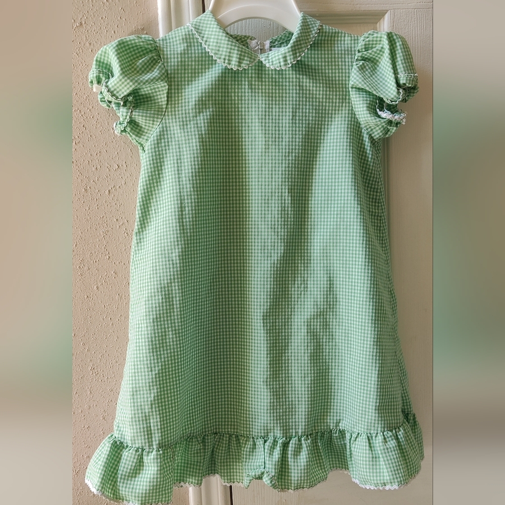 Vintage 80s Fischel by Johnston Ruffle Green and White Striped Girls Dress 🍏